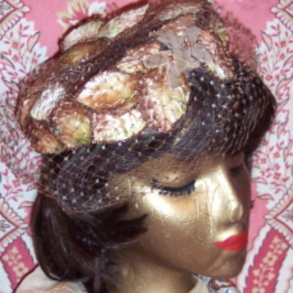 Vintage Original Roberta Bernays Veiled Velvet Leaf Design Cocktail Hat